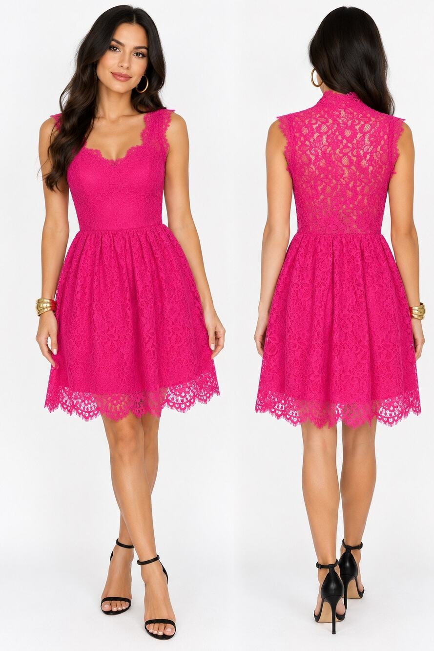 EUC RED Saks Fifth Avenue Hot Pink Floral Lace Sweetheart Dress Size S